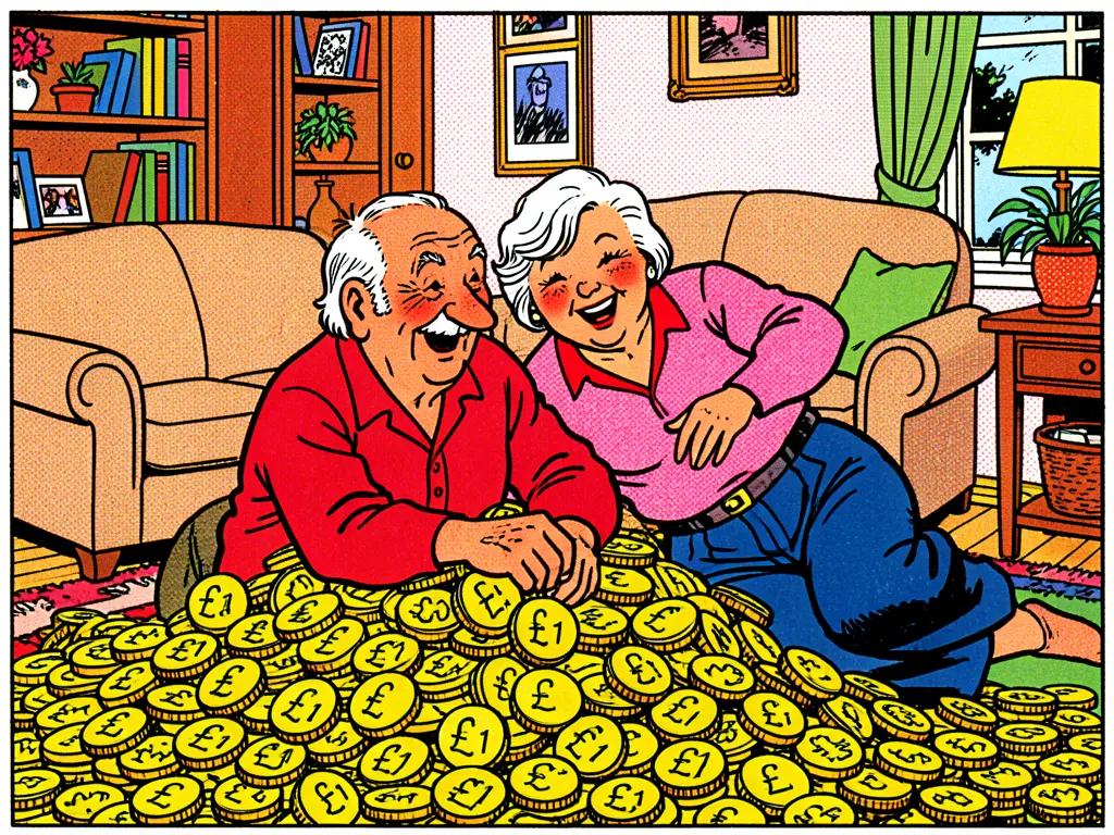 Happy couple with piles of coins